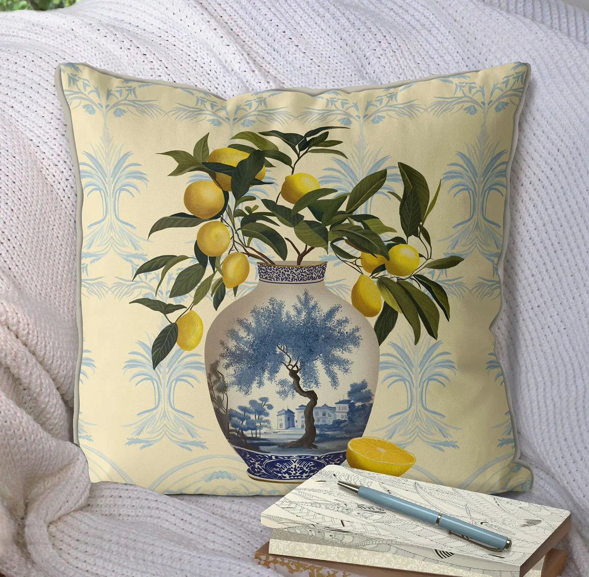 Lemon Tree Chinoiserie Vase Pillow
