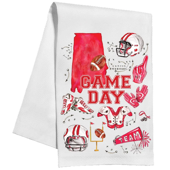 Handpainted Crimson and White Game Day Kitchen Towel with Football Icons