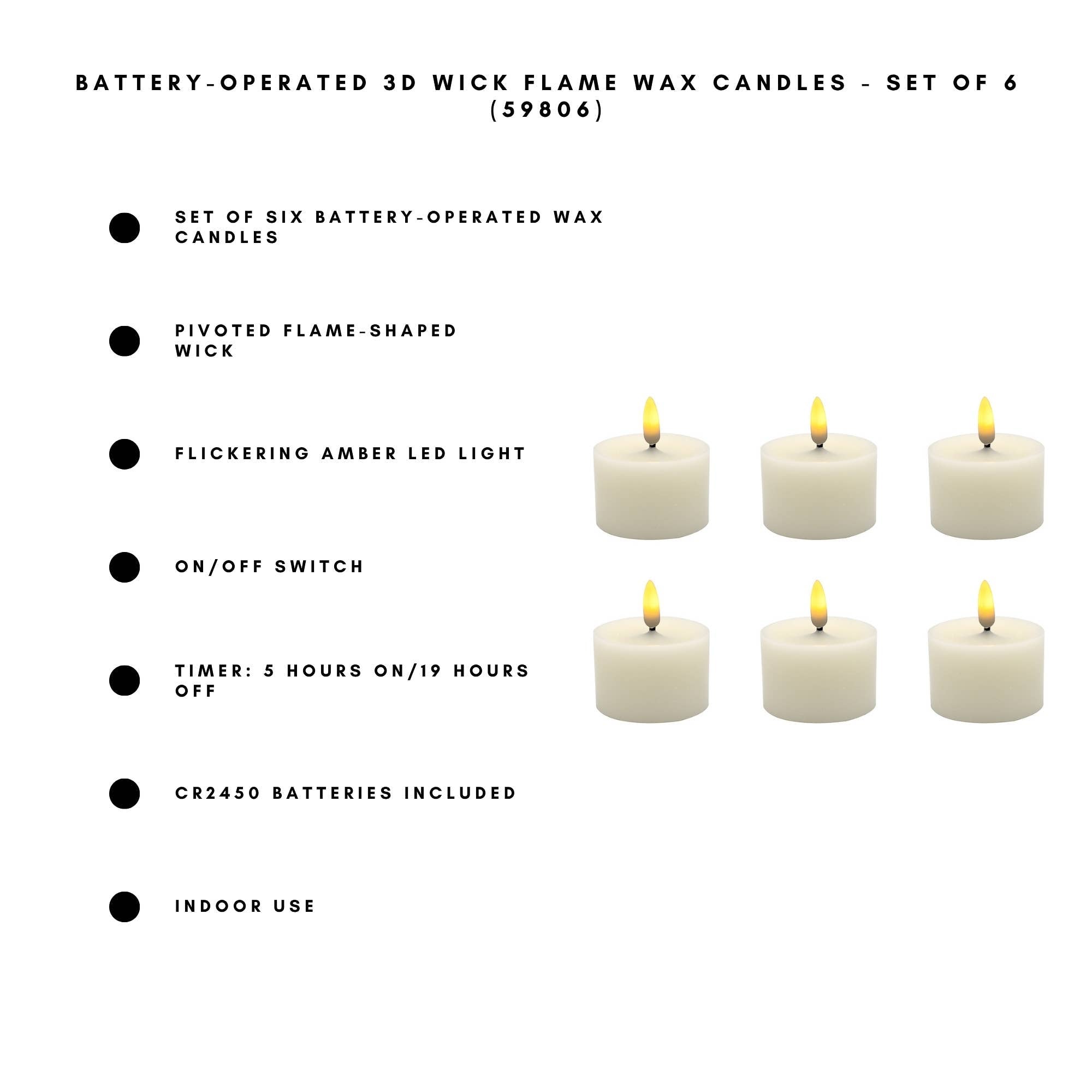 Battery Operated LED 3D Wick Flame Wax Candles (set of 6)