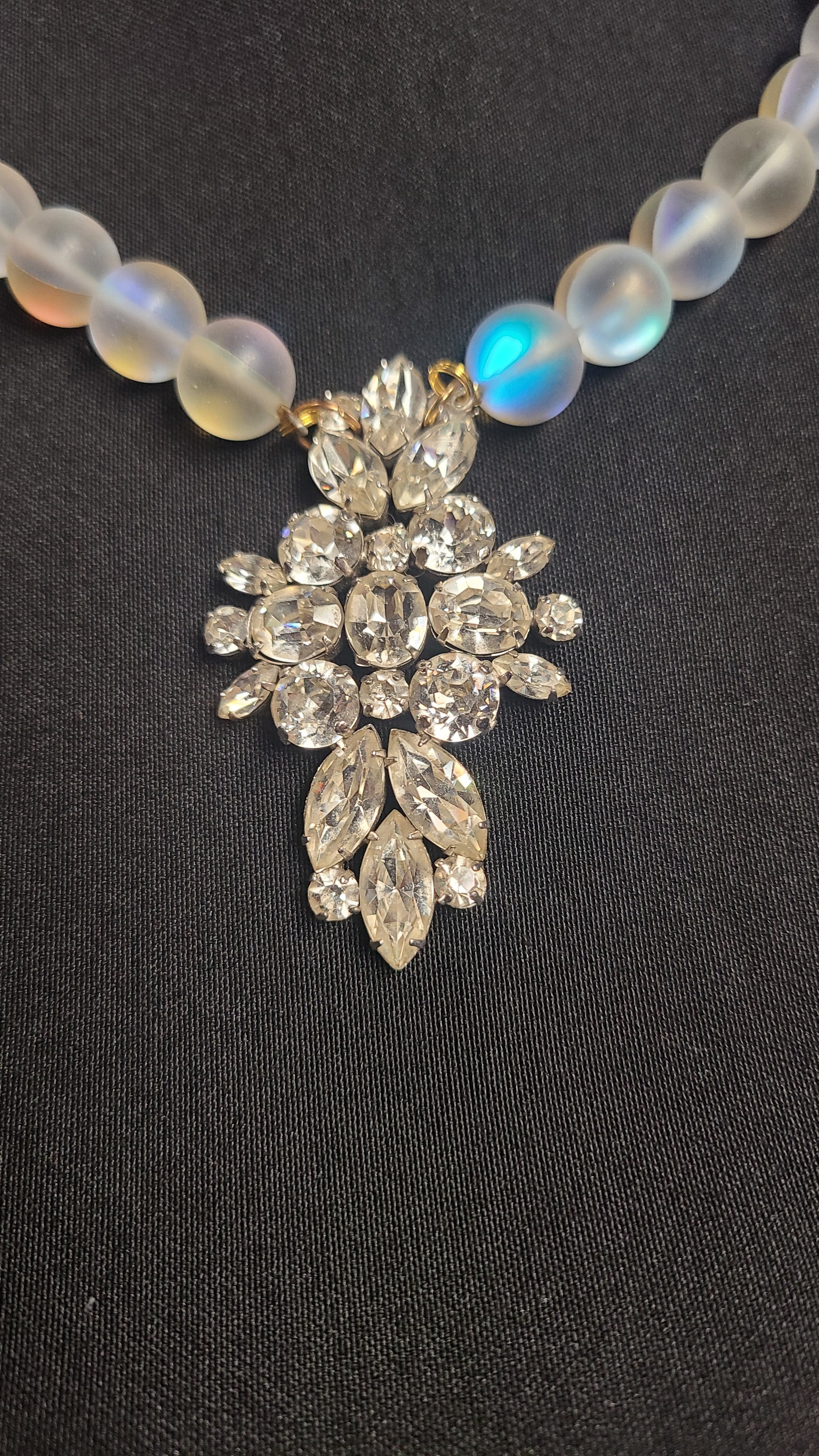 Moonstone Bead and 1930's Rhinestone Brooch Vintage Necklace
