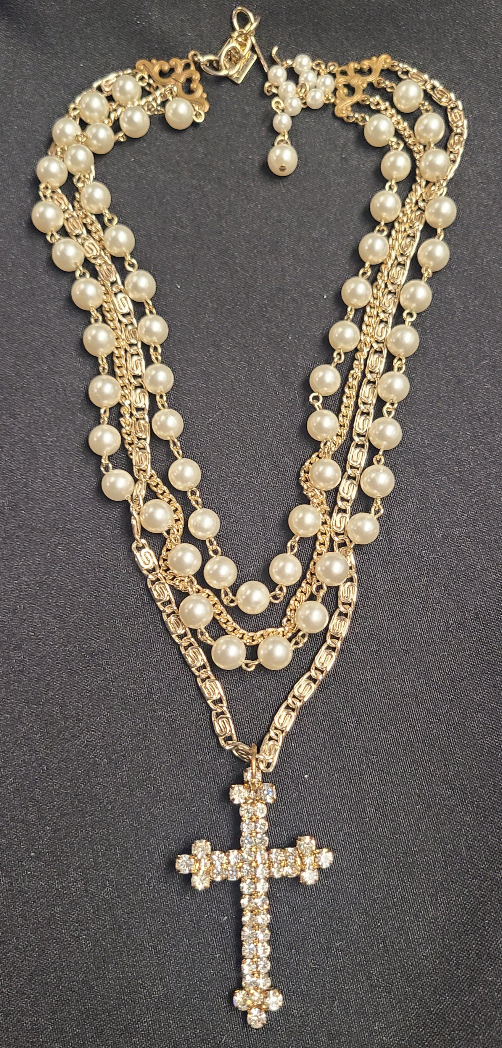 Multi-strand Pearl and Gold-tone Necklace with 1960's Gold-tone Rhinestone Cross-Made in the Deep South