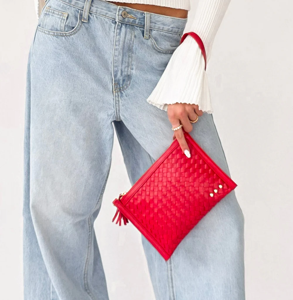 Veda Woven Crossbody and Clutch Bag - Cherry Red