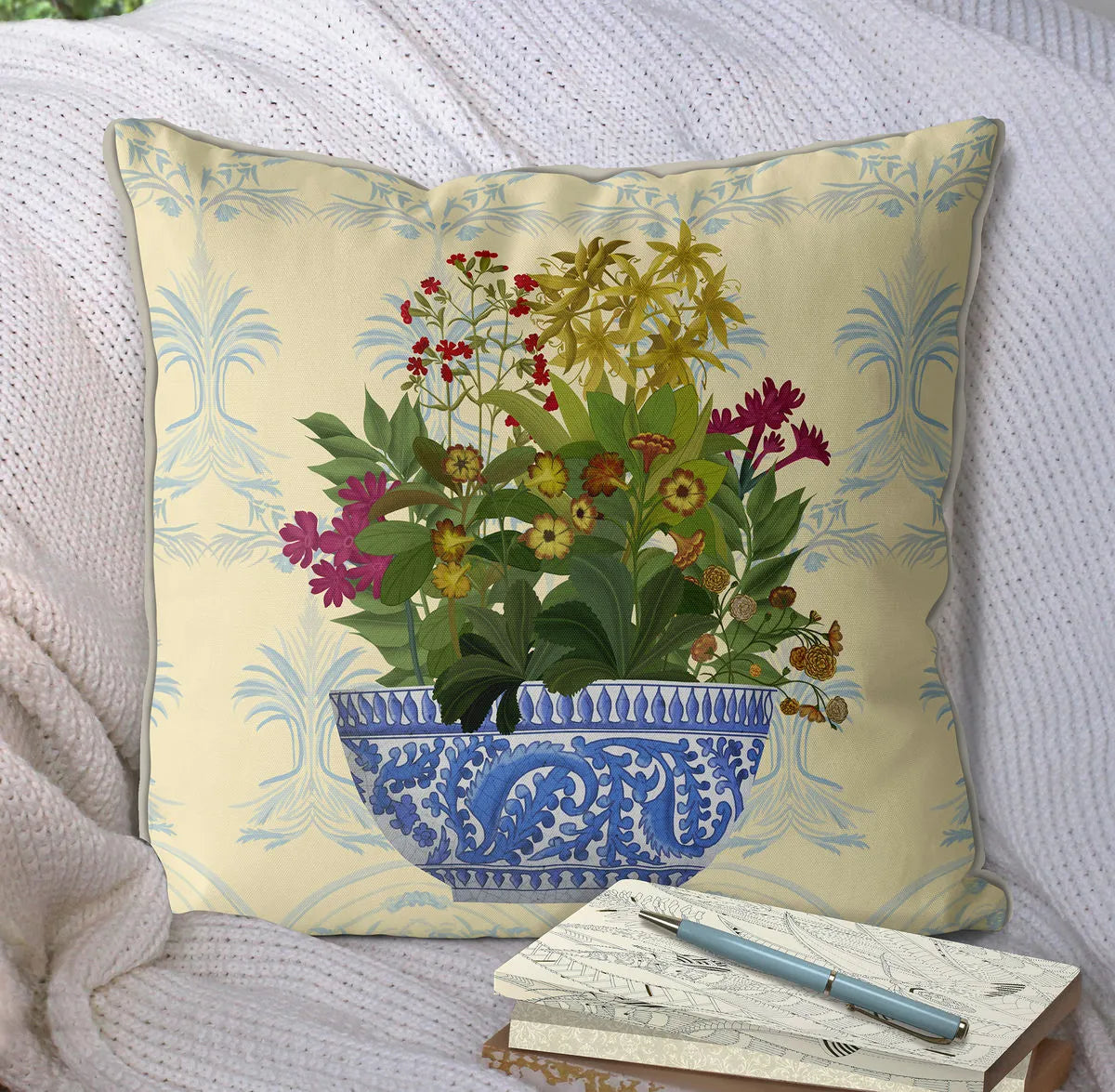 Chinoiserie Bowl with Wild Flowers Pillow