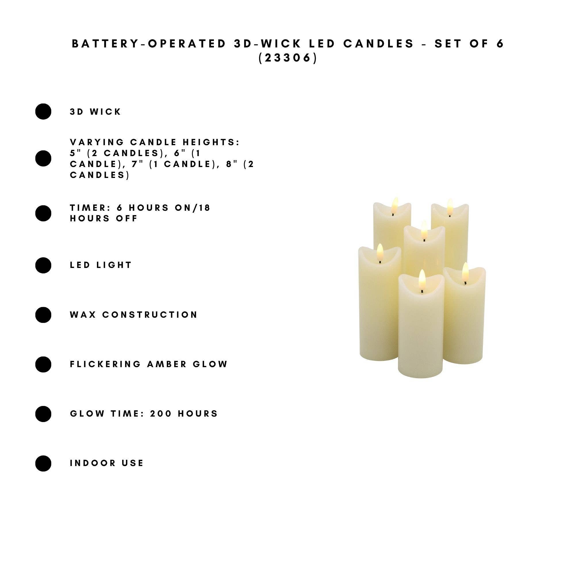Battery Operated 3D Wick Flame LED Candles - Set of 6