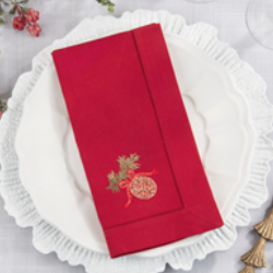 Embroidered Ornament Hemstitch Red Napkins – Set of 4