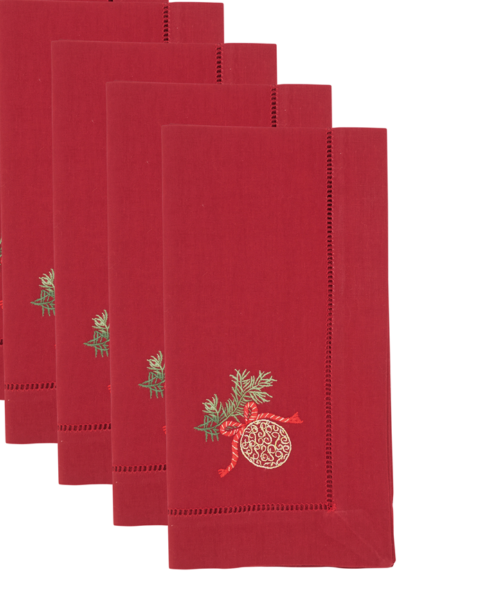 Embroidered Ornament Hemstitch Red Napkins – Set of 4