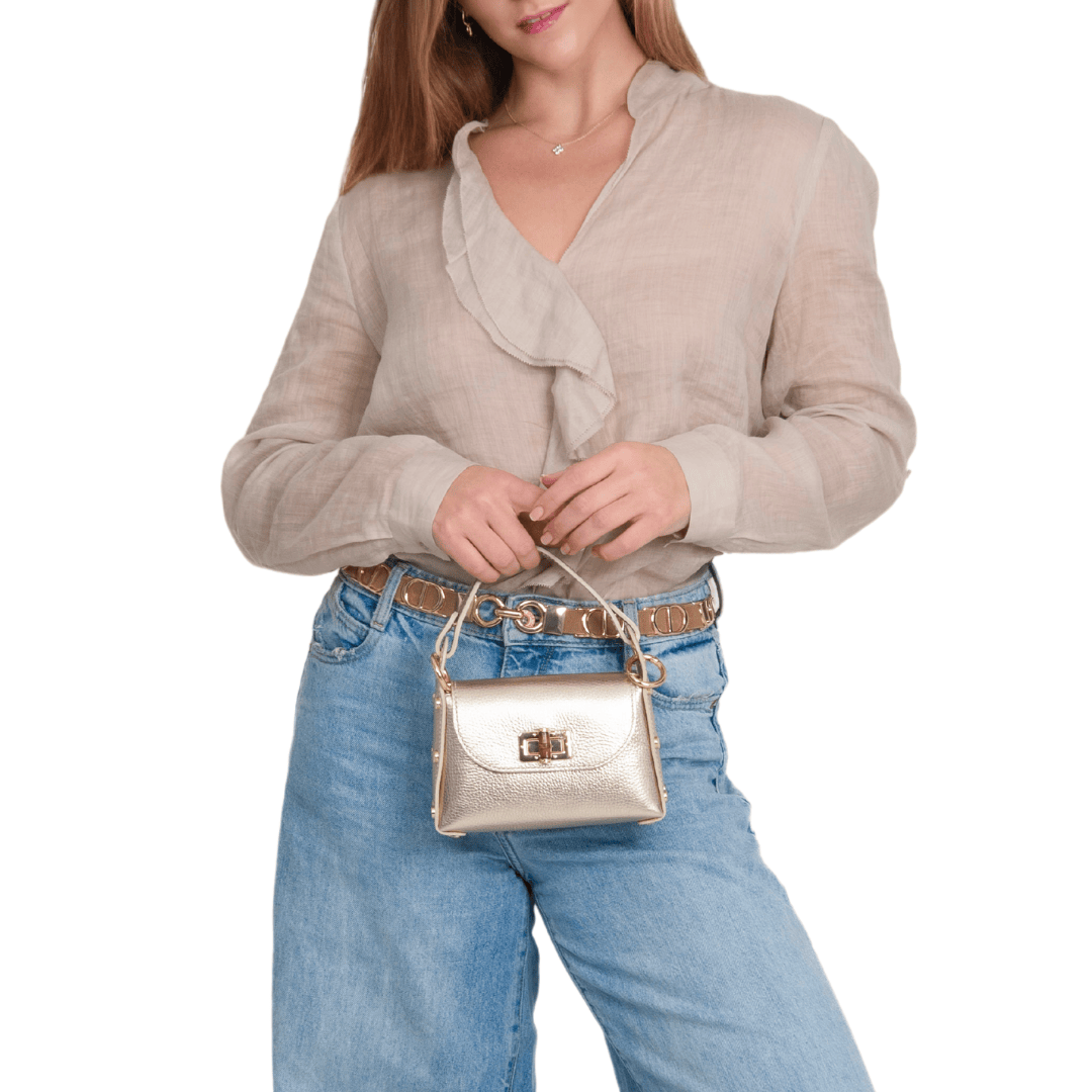 GF1075 GENUINE ITALIAN LEATHER  BAMBOO CLASP, CROSSBODY BAG: GOLD