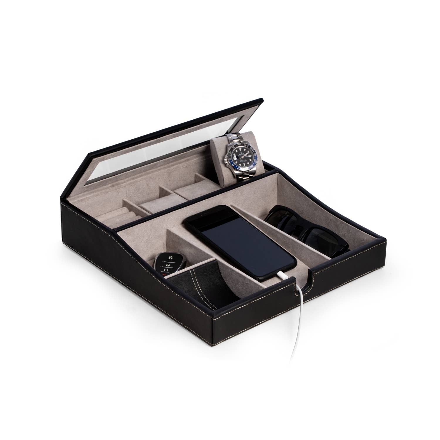 Black leather Valet with Multi Comparment Storage