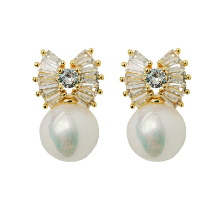 Gold Pearl Sparkler Statement Bow Earrings