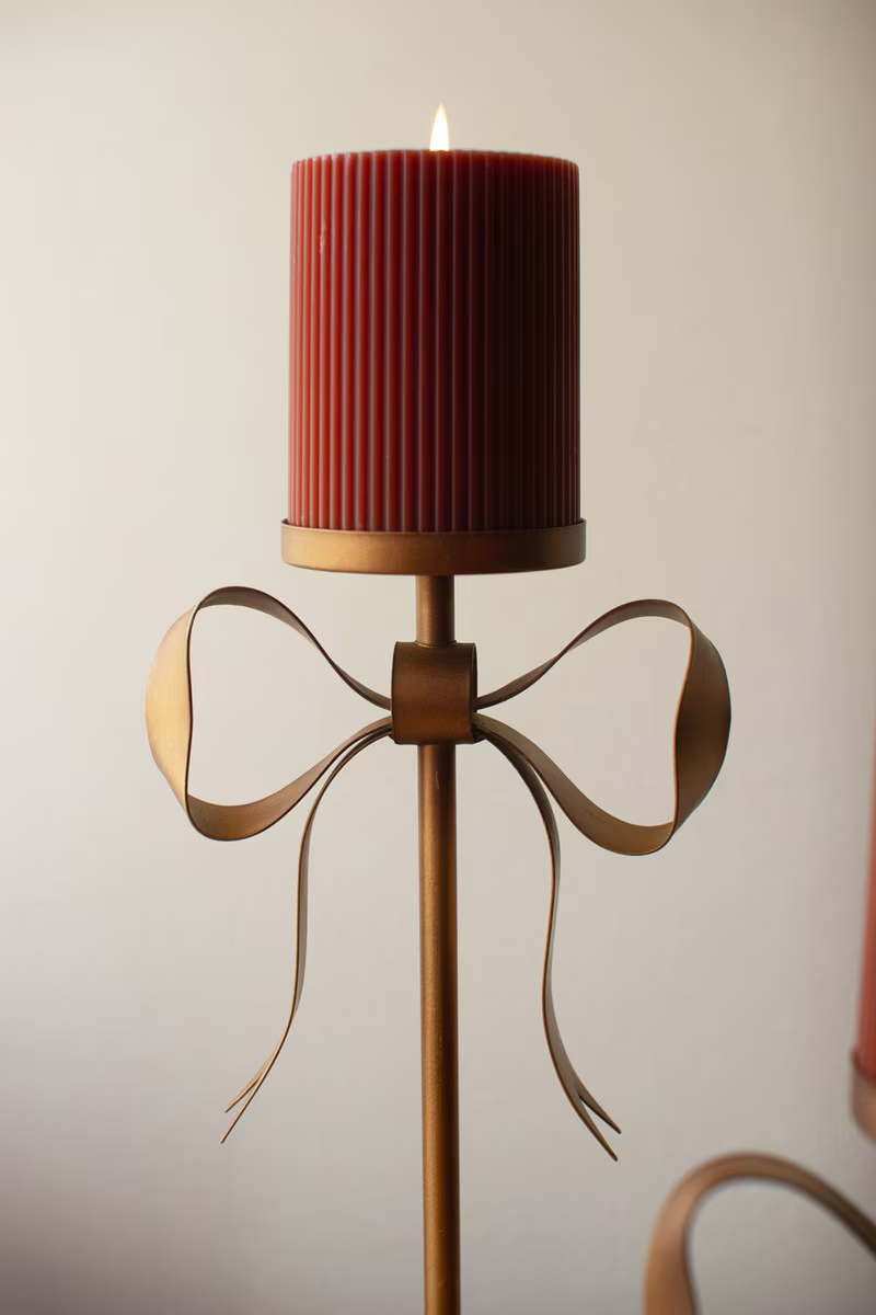 Antique Brass Pillar Candle Stands with Bow Detail - Medium