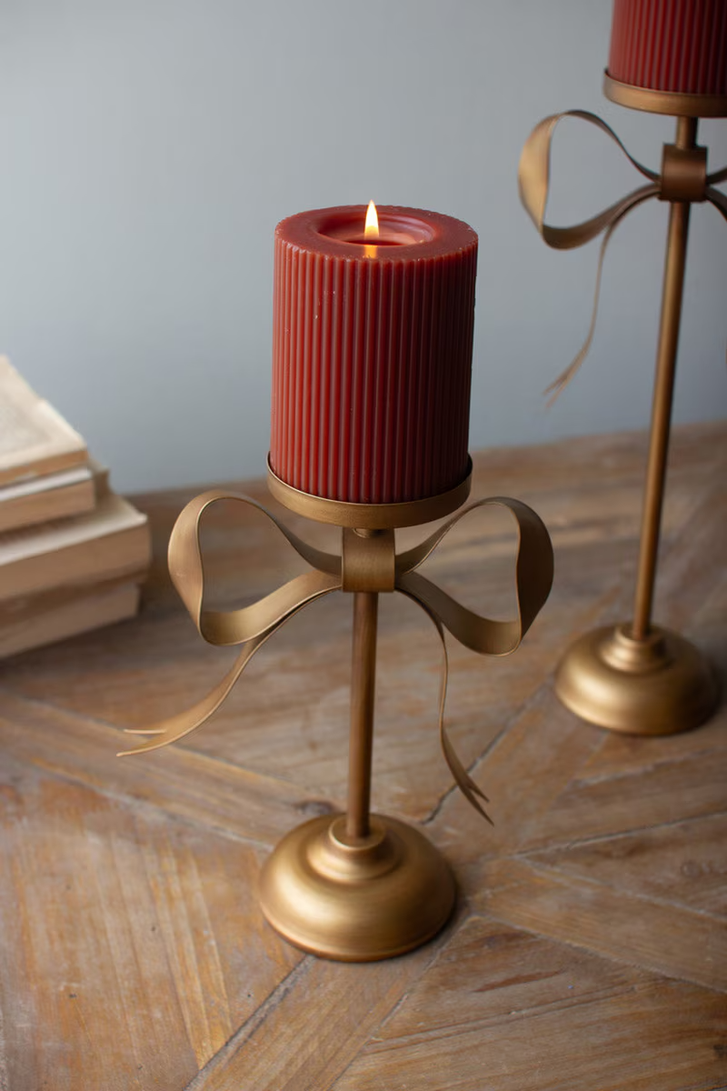 Antique Brass Pillar Candle Stands with Bow Detail - Small