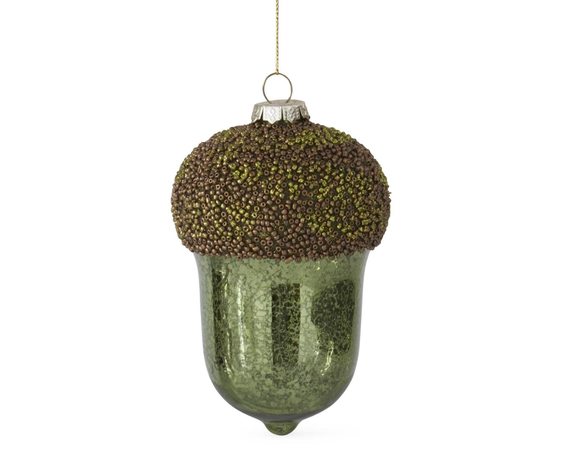 5.5" Green Mercury Glass Acorn Ornament w/Glittered Beaded Top