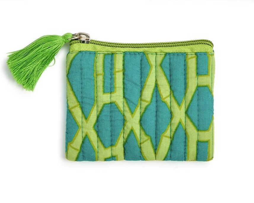 Bamboo Printed Quilted Coin Pouch with Zip Closure and Tassel - Lime/Teal