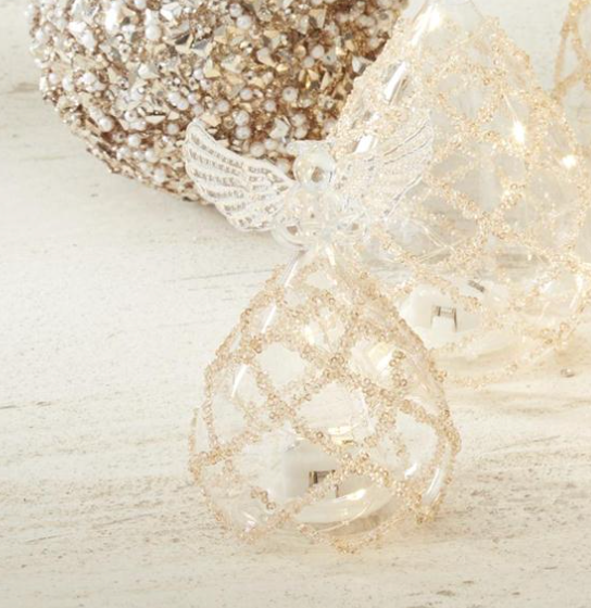 Clear Glass Lattice Gold Bead LED Angel w/Timer