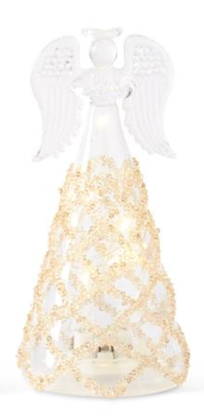 Clear Glass Lattice Gold Bead LED Tall Angels w/Timers-Small