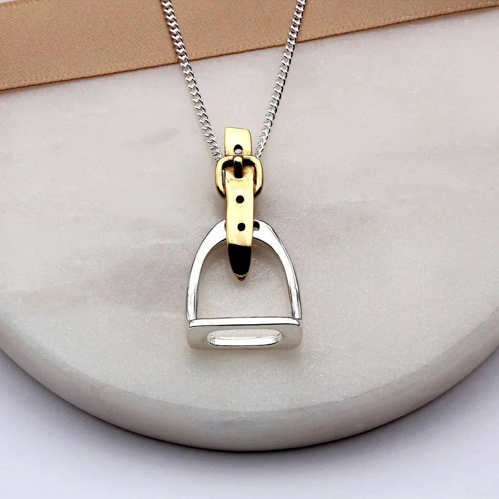 English Saddle Stirrup Iron Sterling Silver Necklace: Sterling Silver w/ Gold Plate Accents