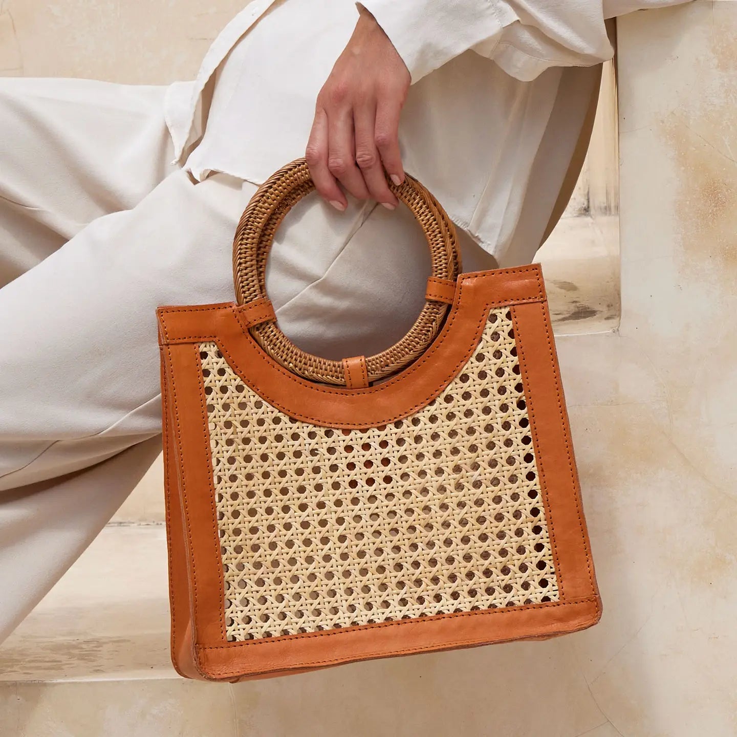 Rattan Cane Weave Handbag with Round Handle