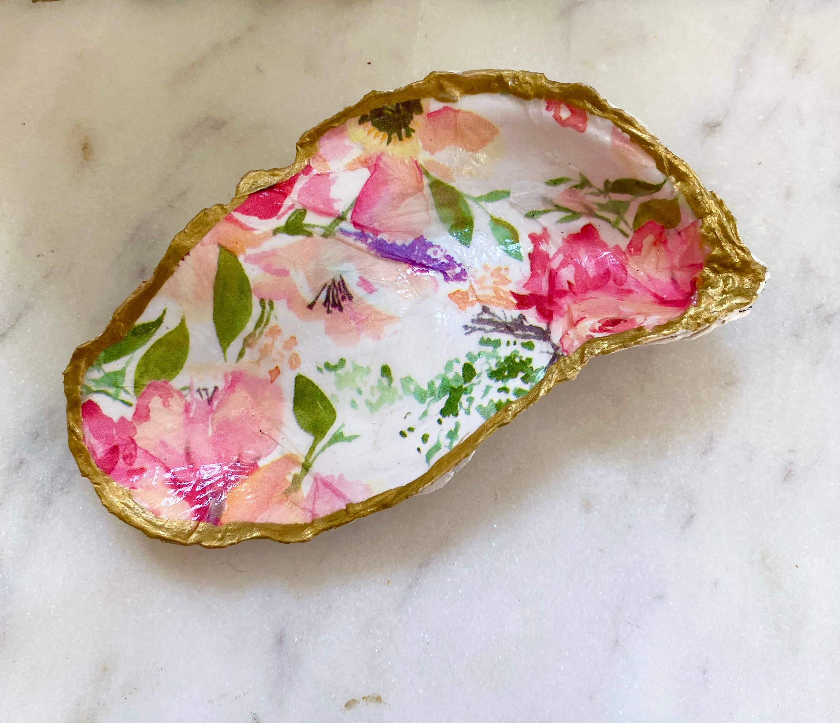 Pink Floral Oyster Shell Jewelry Dish-Large