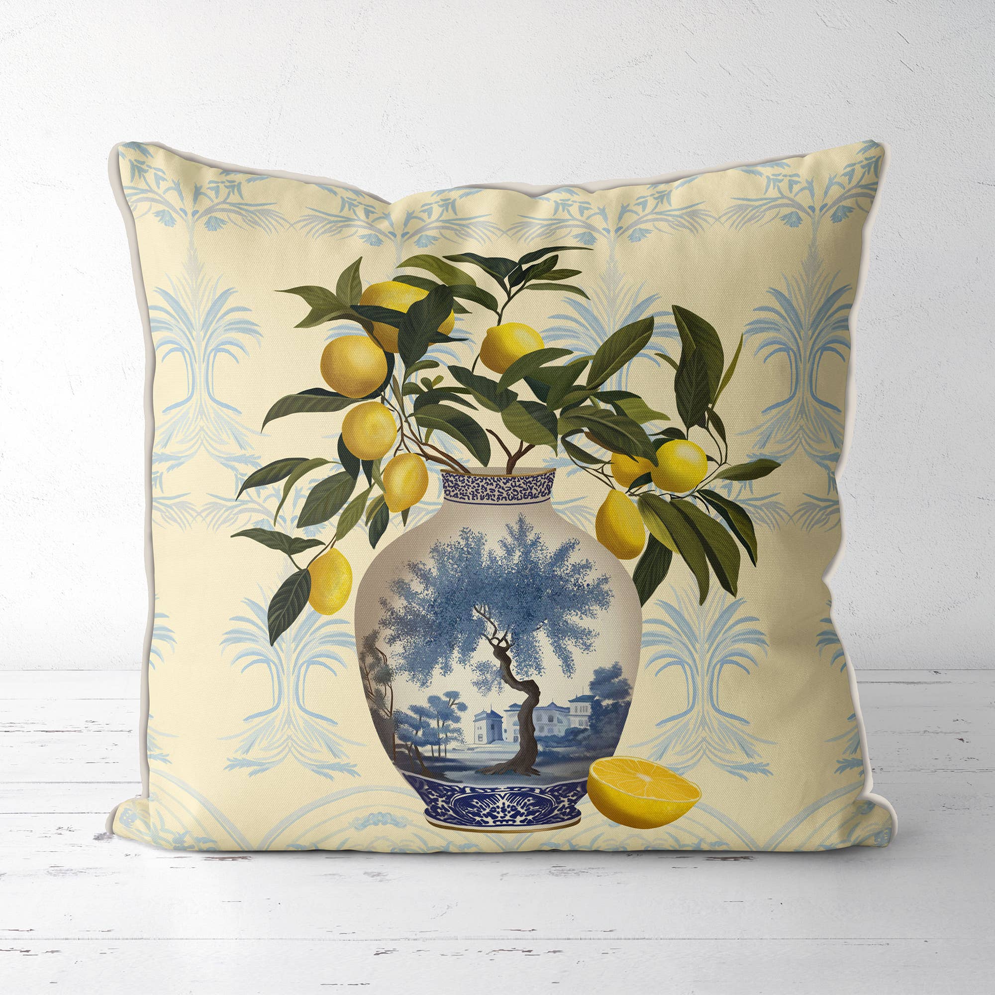 Lemon tree in chinoiserie vase 1 Cushion/Pillow cover