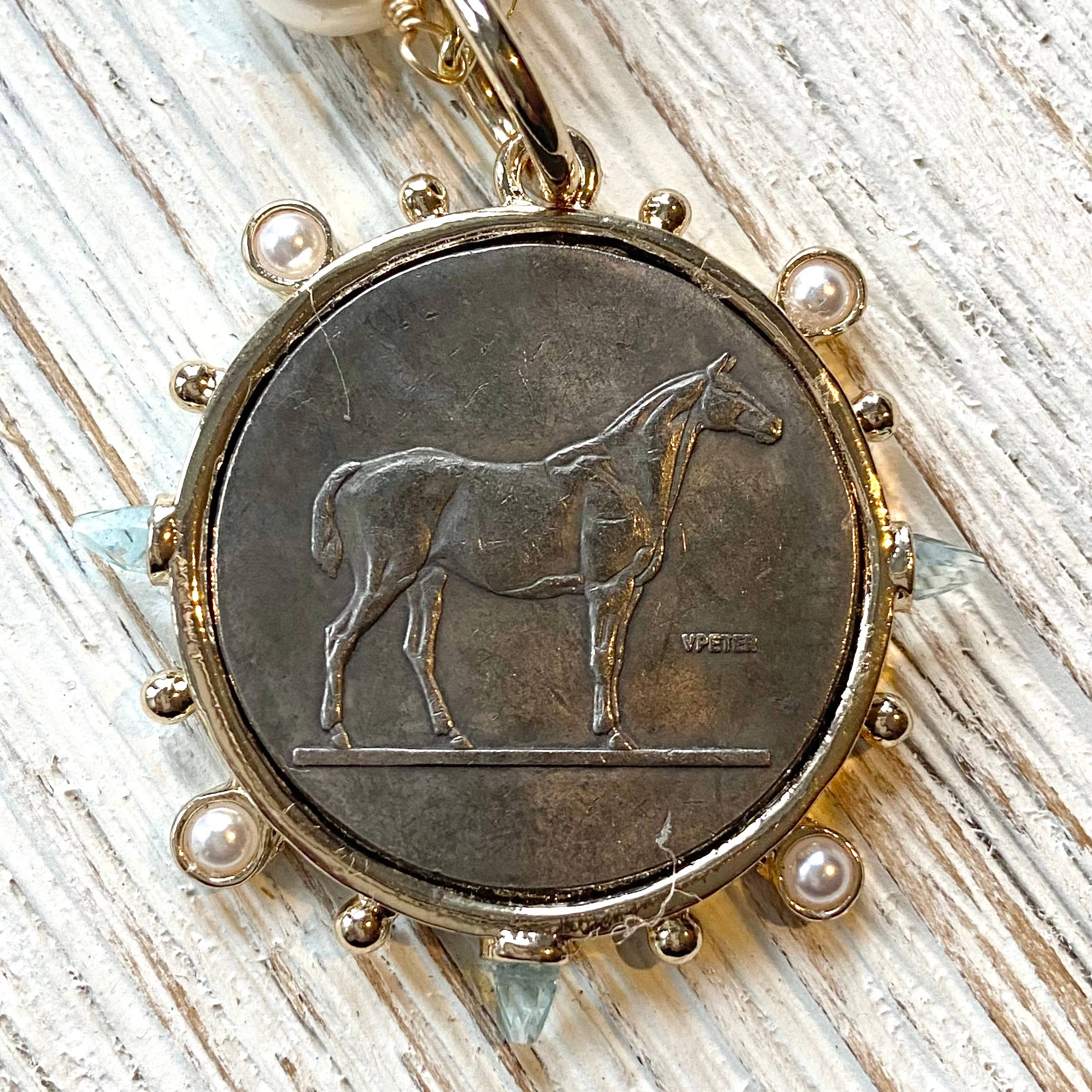 Horse jewelry French coin medallion equestrian necklace: 20” / Equestrian horse pendant