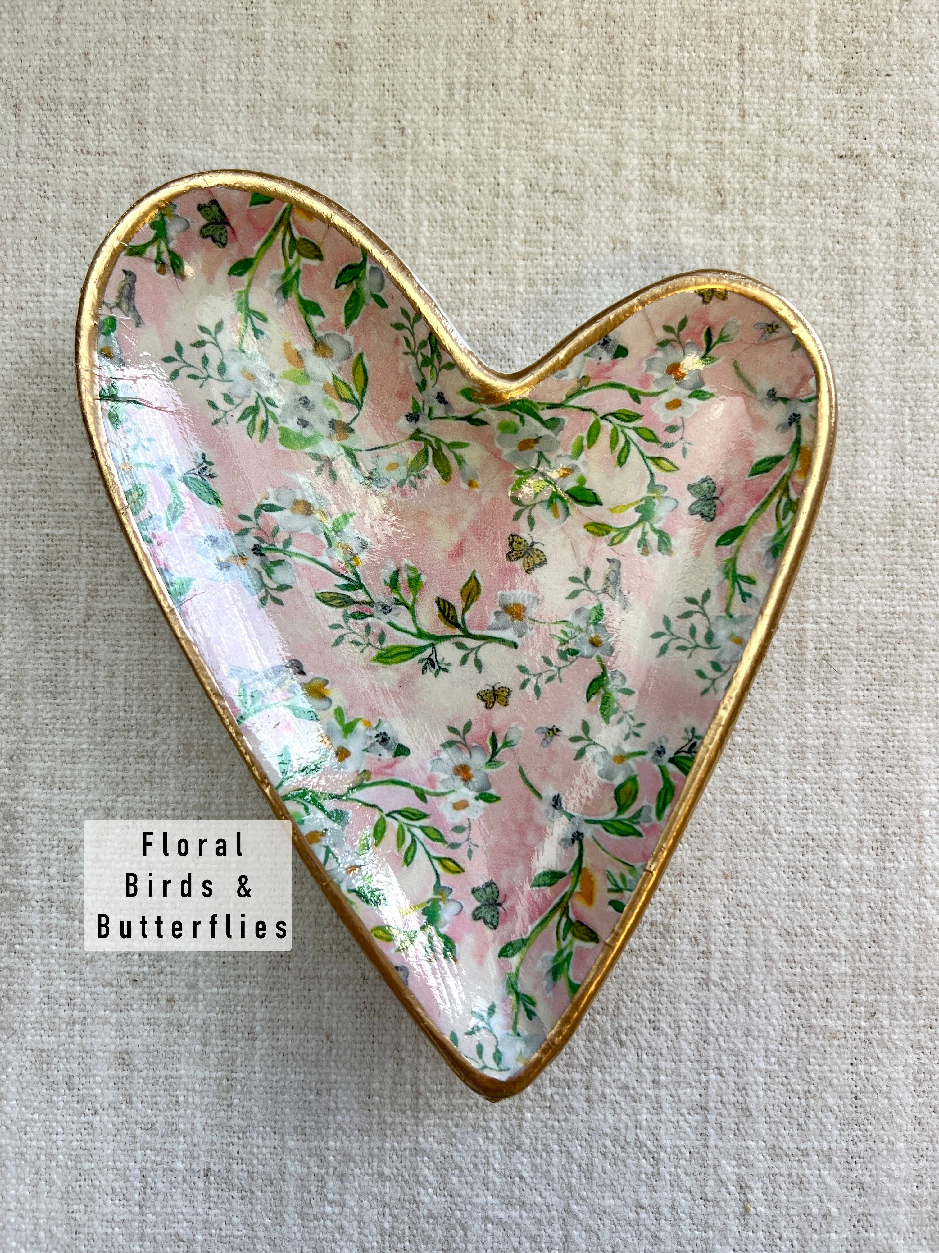 Decoupage Ceramic Heart Dish: Floral Bird & Butterflies