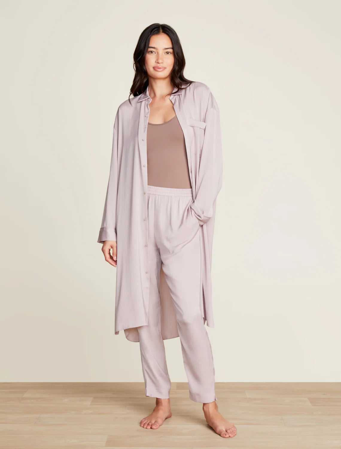 Washed Satin Piped Nightshirt with Love Embroidery- Feather