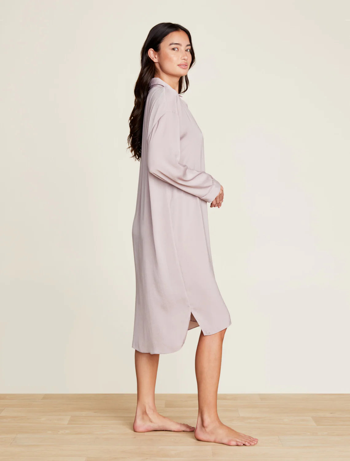 Washed Satin Piped Nightshirt with Love Embroidery- Feather