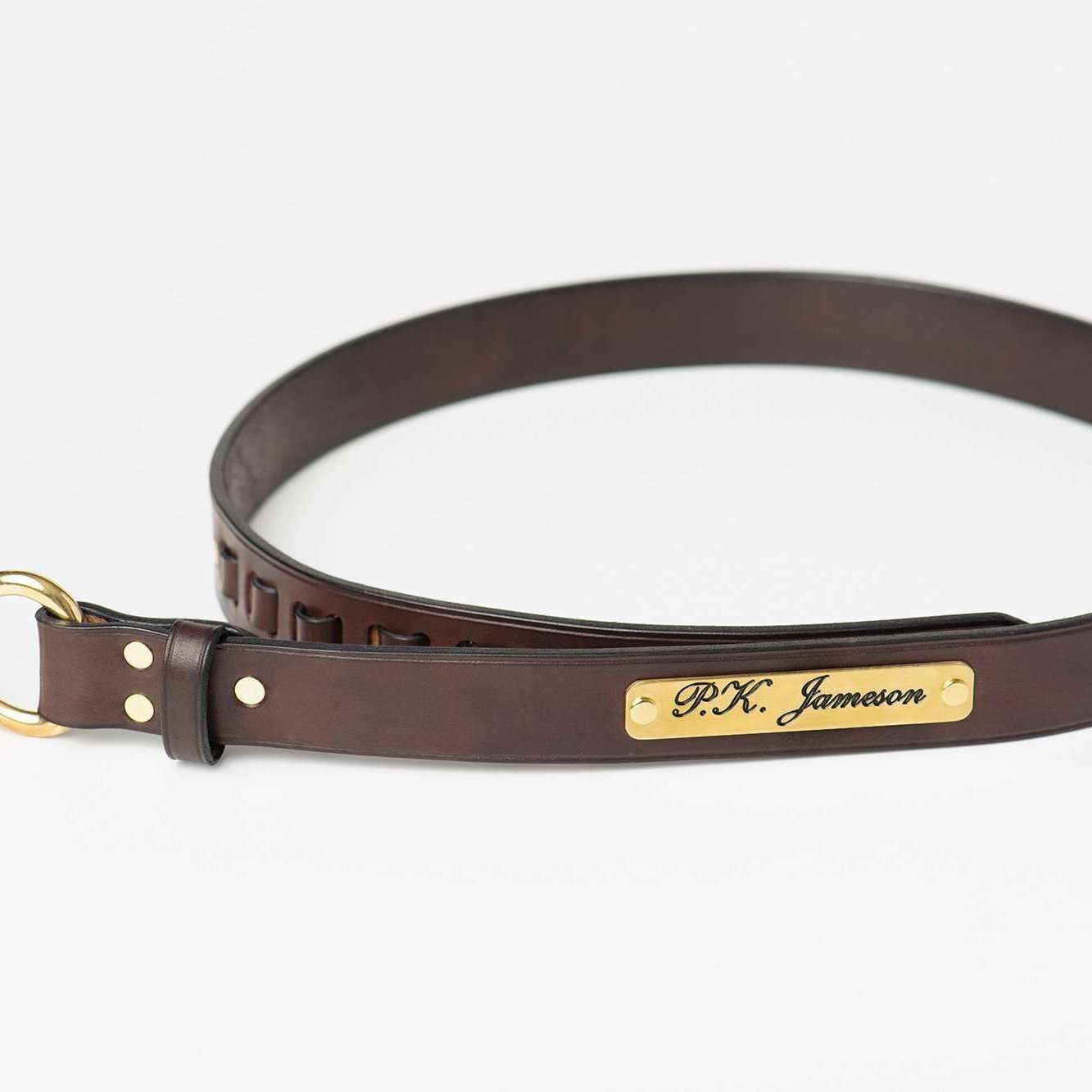 Custom Bluegrass Leather Belt with personalized brass plaque